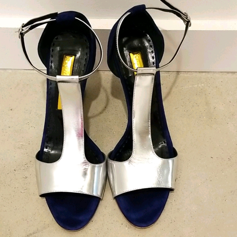 Rupert Sanderson Navy and Silver t-strap wedges